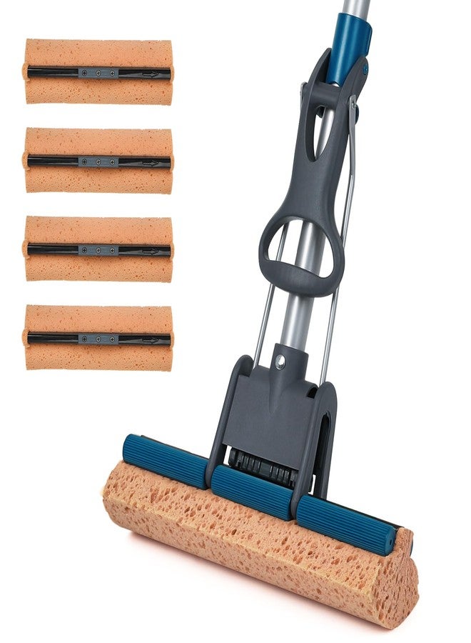 TreeLen Sponge Mop for Floor Cleaning, 50" Heavy Duty Roller Mop with 4 Cellulose Refill Heads, Easy Self-Squeeze for Hardwood Tile Concrete, Wall Ceiling - Image 1